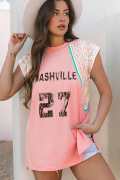 Sale Dear-Lover Vintage Nashville Printed Patchwork Tank Top Light Pink