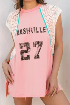Sale Dear-Lover Vintage Nashville Printed Patchwork Tank Top Light Pink