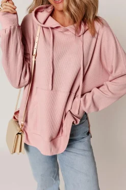 Outlet Dear-Lover Waffle Knit Fleece Lined High Low Oversized Hoodie Light Pink