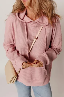 Outlet Dear-Lover Waffle Knit Fleece Lined High Low Oversized Hoodie Light Pink
