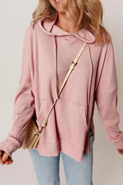 Outlet Dear-Lover Waffle Knit Fleece Lined High Low Oversized Hoodie Light Pink