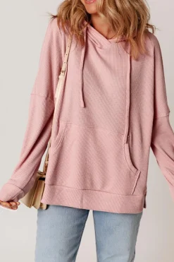 Outlet Dear-Lover Waffle Knit Fleece Lined High Low Oversized Hoodie Light Pink