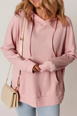 Outlet Dear-Lover Waffle Knit Fleece Lined High Low Oversized Hoodie Light Pink
