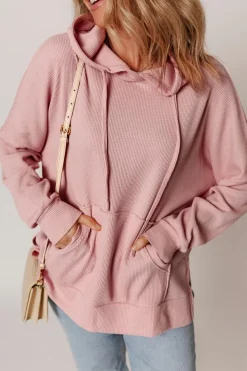 Outlet Dear-Lover Waffle Knit Fleece Lined High Low Oversized Hoodie Light Pink