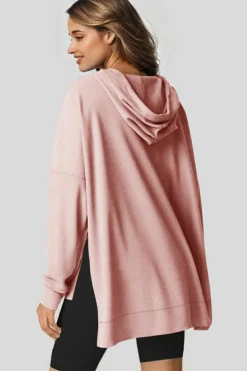 Outlet Dear-Lover Waffle Knit Fleece Lined High Low Oversized Hoodie Light Pink