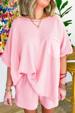 Clearance Dear-Lover Waffle Knit Oversize Tee and Shorts Set Light Pink