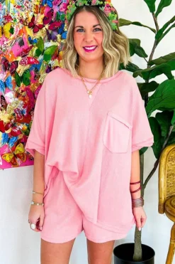 Clearance Dear-Lover Waffle Knit Oversize Tee and Shorts Set Light Pink