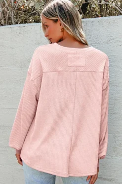 Online Dear-Lover Waffle V Neck Long Sleeve Drop Shoulder Loose Blouse Light Pink