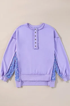 Online Dear-Lover Sequin Patchwork High Low Hem Henley Sweatshirt Lilac