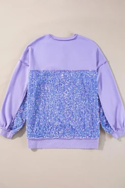 Online Dear-Lover Sequin Patchwork High Low Hem Henley Sweatshirt Lilac