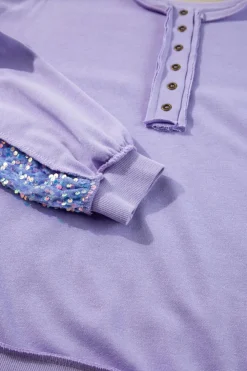 Online Dear-Lover Sequin Patchwork High Low Hem Henley Sweatshirt Lilac