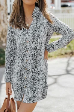 Outlet Dear-Lover Long Sleeve Animal Print Shirt Dress Leopard