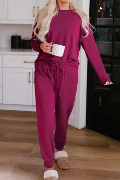 Outlet Dear-Lover Long Sleeve Pullover and Jogger Pants Lounge Set Fiery Red