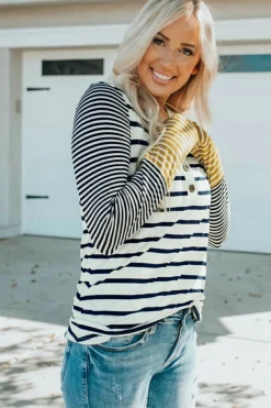 Outlet Dear-Lover Long Sleeve Button Henley Top Stripe
