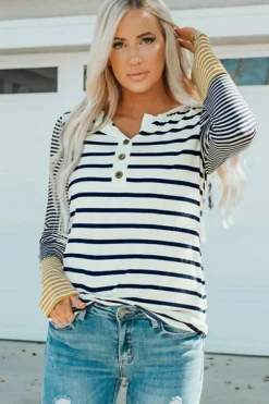 Outlet Dear-Lover Long Sleeve Button Henley Top Stripe