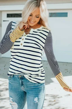 Outlet Dear-Lover Long Sleeve Button Henley Top Stripe