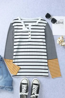 Outlet Dear-Lover Long Sleeve Button Henley Top Stripe