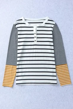 Outlet Dear-Lover Long Sleeve Button Henley Top Stripe