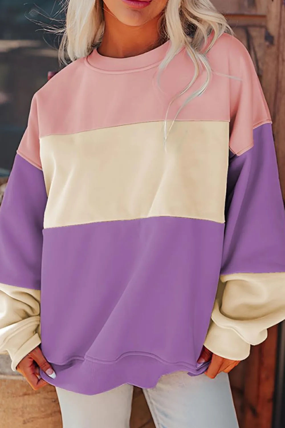 New Dear-Lover Colorblock Patchwork Drop Shoulder Sweatshirt Meadow Mauve