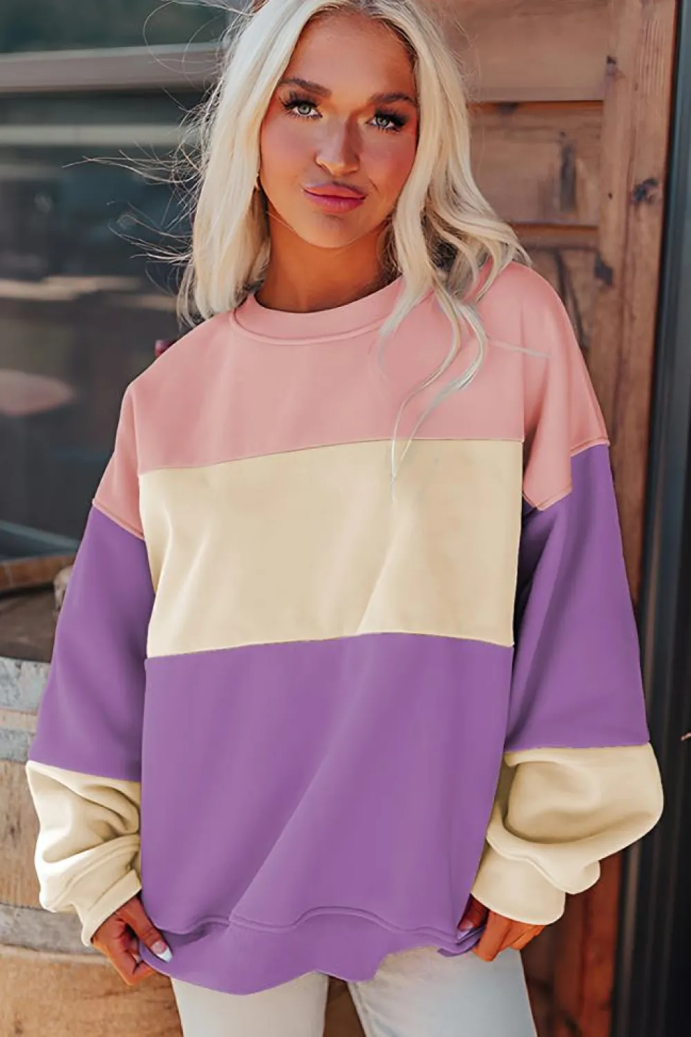 New Dear-Lover Colorblock Patchwork Drop Shoulder Sweatshirt Meadow Mauve