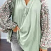 Best Dear-Lover Contrast Printed Bubble Sleeve Henley Loose Top with Slits Meadow Mist Green