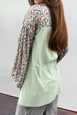Best Dear-Lover Contrast Printed Bubble Sleeve Henley Loose Top with Slits Meadow Mist Green