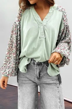Best Dear-Lover Contrast Printed Bubble Sleeve Henley Loose Top with Slits Meadow Mist Green