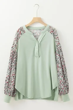 Best Dear-Lover Contrast Printed Bubble Sleeve Henley Loose Top with Slits Meadow Mist Green