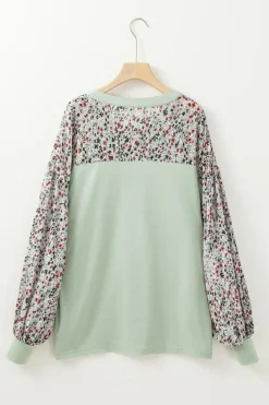 Best Dear-Lover Contrast Printed Bubble Sleeve Henley Loose Top with Slits Meadow Mist Green