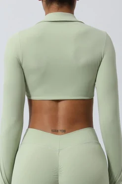 Online Dear-Lover Long Sleeve Collared Twist Neckline Cropped Gym Top Meadow Mist Green