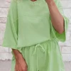 Outlet Dear-Lover Solid Loose V Neck Half Sleeve Tee and Shorts Meadow Mist Green