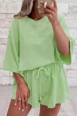 Outlet Dear-Lover Solid Loose V Neck Half Sleeve Tee and Shorts Meadow Mist Green
