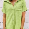 Hot Dear-Lover Textured Short Sleeve Patched Pocket Buttoned Shirt Romper Meadow Mist Green