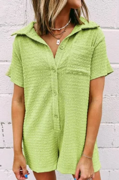 Hot Dear-Lover Textured Short Sleeve Patched Pocket Buttoned Shirt Romper Meadow Mist Green