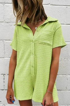 Hot Dear-Lover Textured Short Sleeve Patched Pocket Buttoned Shirt Romper Meadow Mist Green