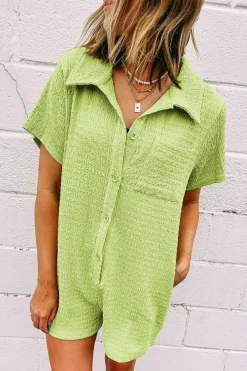 Hot Dear-Lover Textured Short Sleeve Patched Pocket Buttoned Shirt Romper Meadow Mist Green