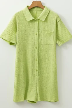 Hot Dear-Lover Textured Short Sleeve Patched Pocket Buttoned Shirt Romper Meadow Mist Green