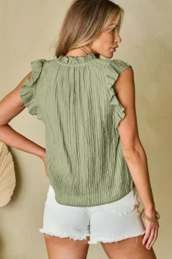 Outlet Dear-Lover V Neck Flutter Sleeve Textured Blouse Meadow Mist Green