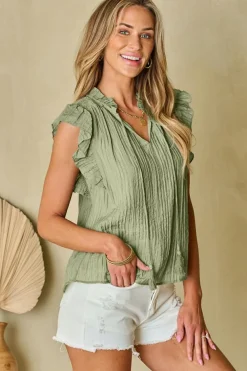Outlet Dear-Lover V Neck Flutter Sleeve Textured Blouse Meadow Mist Green