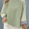 Best Dear-Lover Waffle Knit Wide Bracelet Sleeve Patchwork Raglan Top Meadow Mist Green