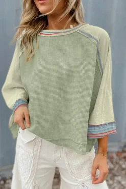 Best Dear-Lover Waffle Knit Wide Bracelet Sleeve Patchwork Raglan Top Meadow Mist Green