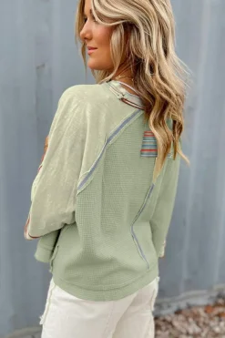 Best Dear-Lover Waffle Knit Wide Bracelet Sleeve Patchwork Raglan Top Meadow Mist Green