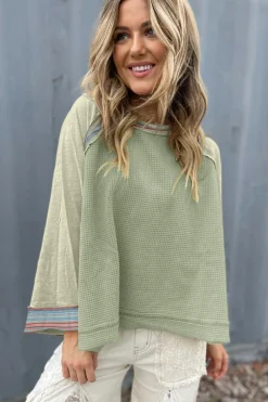 Best Dear-Lover Waffle Knit Wide Bracelet Sleeve Patchwork Raglan Top Meadow Mist Green