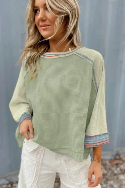 Best Dear-Lover Waffle Knit Wide Bracelet Sleeve Patchwork Raglan Top Meadow Mist Green