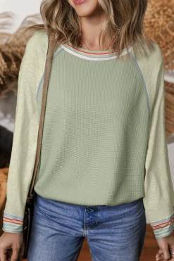 Best Dear-Lover Waffle Knit Wide Bracelet Sleeve Patchwork Raglan Top Meadow Mist Green