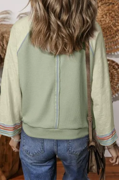 Best Dear-Lover Waffle Knit Wide Bracelet Sleeve Patchwork Raglan Top Meadow Mist Green