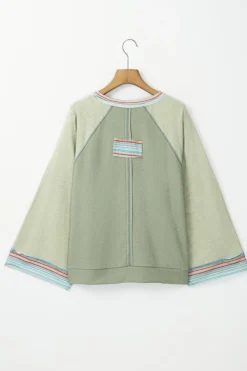 Best Dear-Lover Waffle Knit Wide Bracelet Sleeve Patchwork Raglan Top Meadow Mist Green