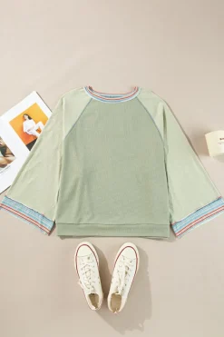 Best Dear-Lover Waffle Knit Wide Bracelet Sleeve Patchwork Raglan Top Meadow Mist Green