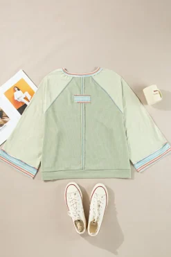 Best Dear-Lover Waffle Knit Wide Bracelet Sleeve Patchwork Raglan Top Meadow Mist Green