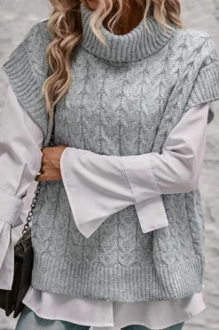 New Dear-Lover Cable Knit Turtleneck Batwing Sleeve Sweater Medium Grey